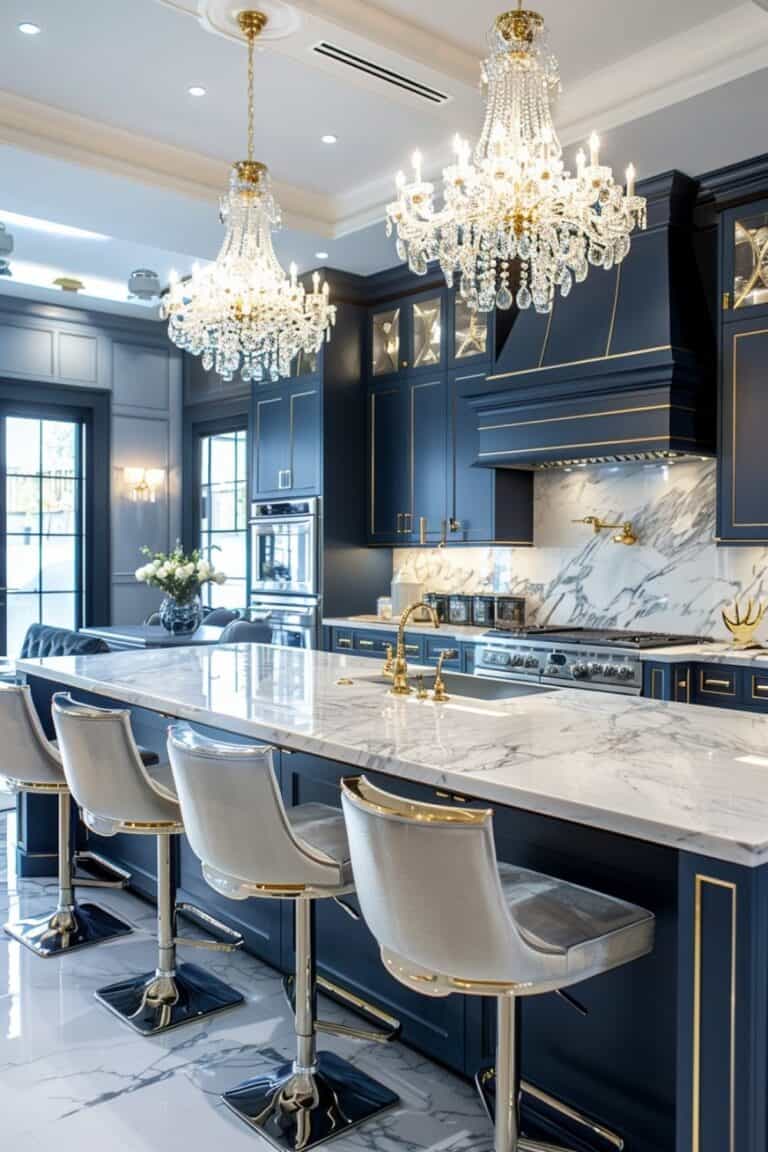 luxury kitchen in dark blue and marble white