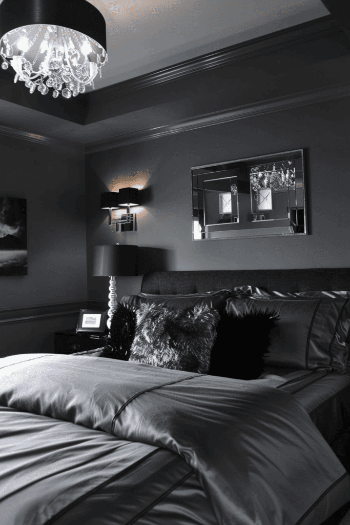 black and gray bedroom with a moody vibe