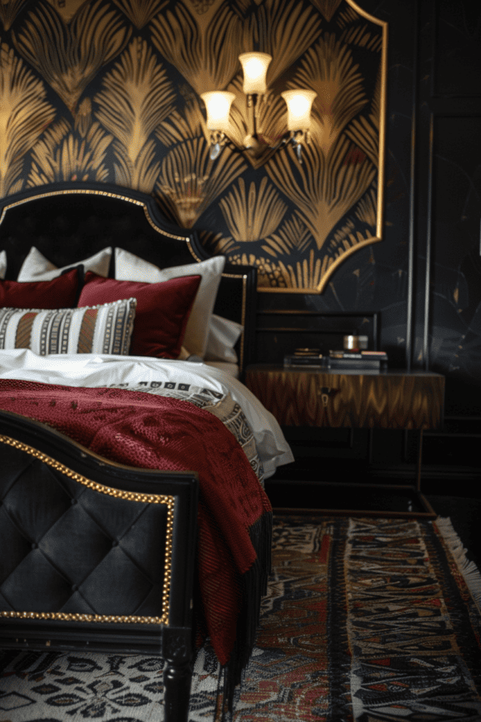 art deco dark bedroom