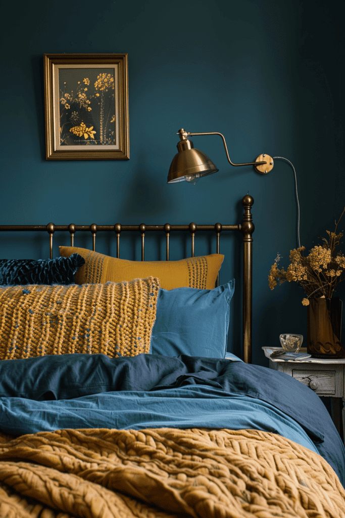 contemporary dark bedroom in blue and yellow