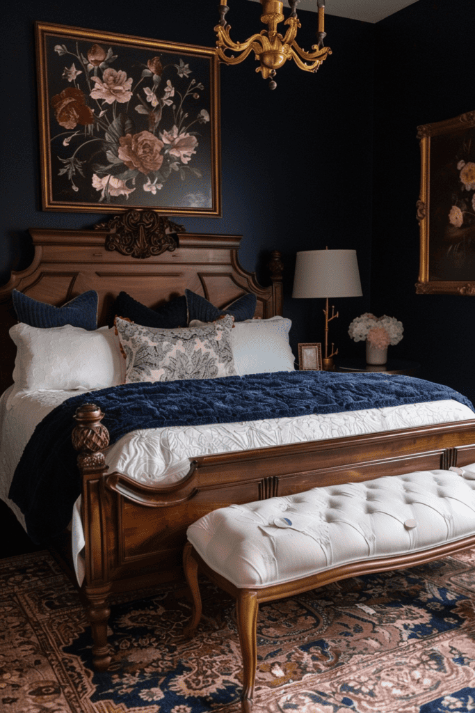 classic moody bedroom in dark blue