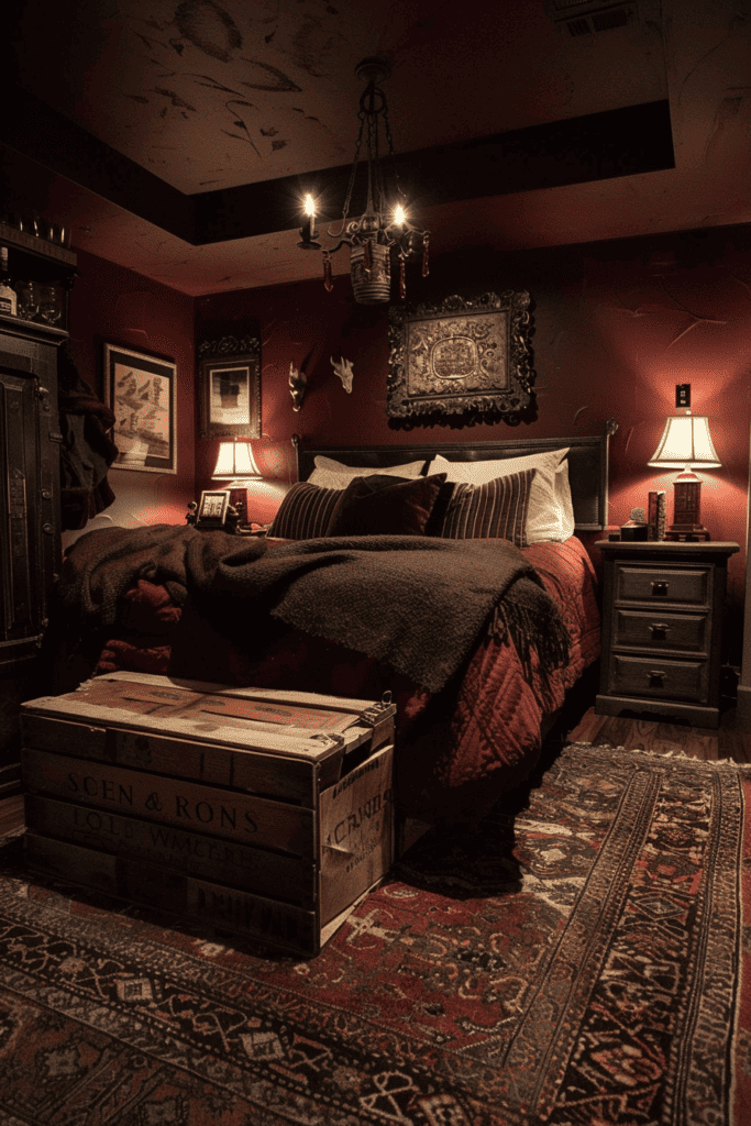 dark and moody masculine red bedroom