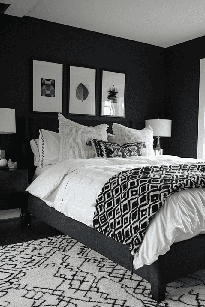 moody bedroom in black, gray and white