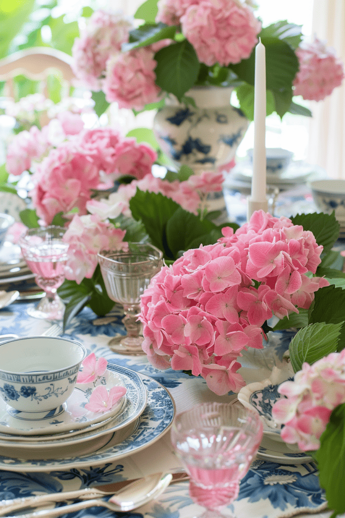 pink hydrangea summer table setting