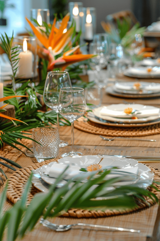 tropical summer tablescape with birds of paradise 