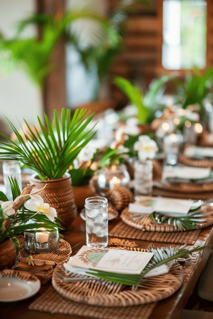 tropical white flowers and palm branches  table setting 