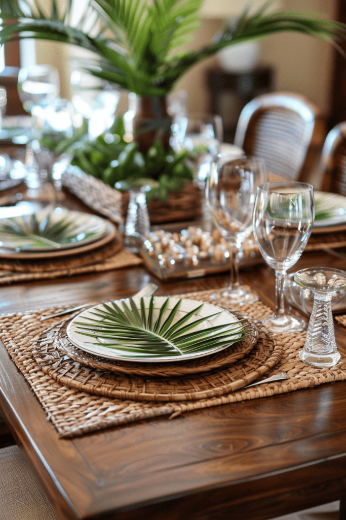 palm tree themed table setting