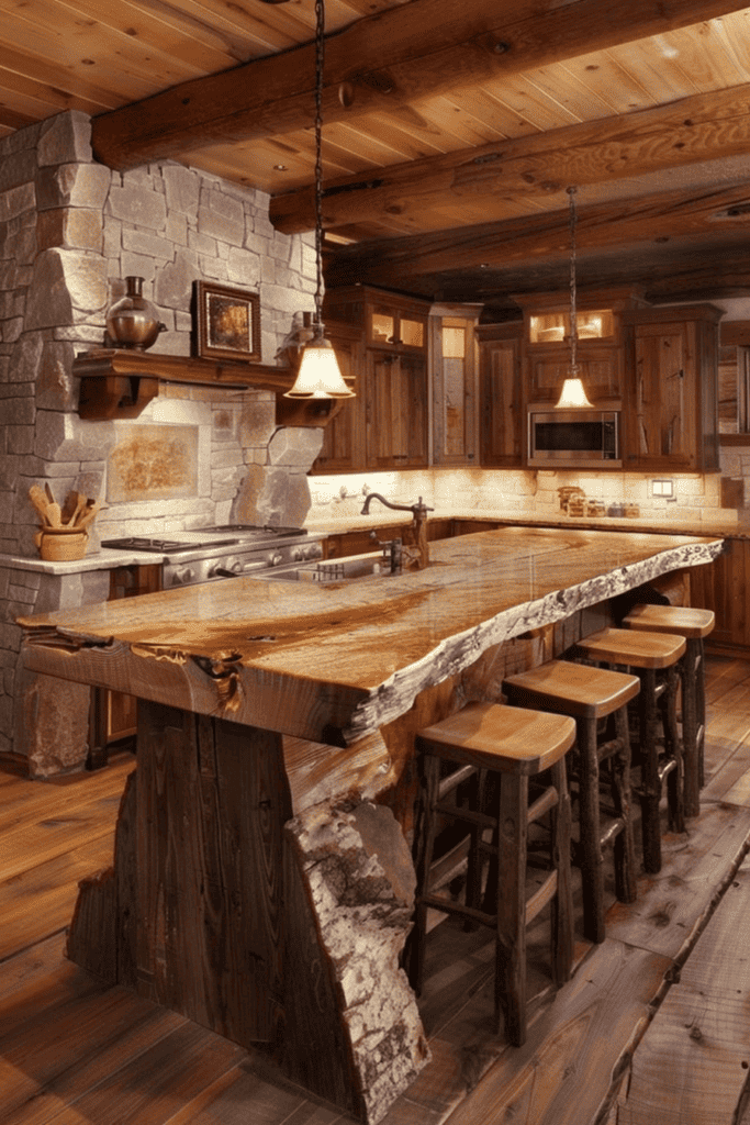 wood kitchen island in a cabin