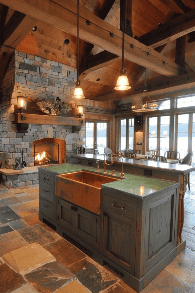 fireplace cabin kitchen 