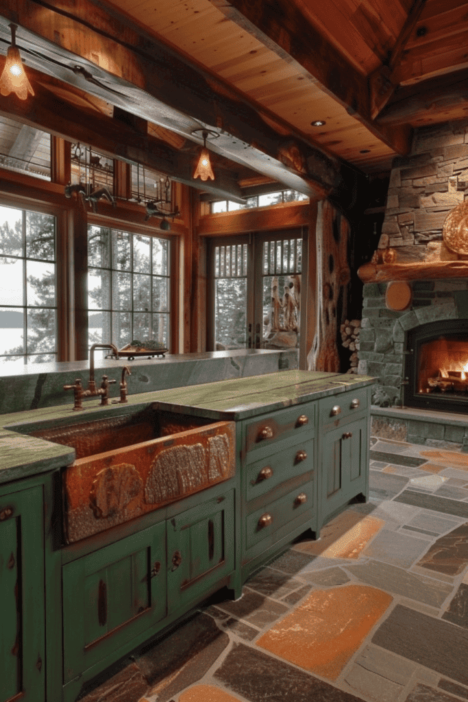 rustic cabin kitchen with green cabinets