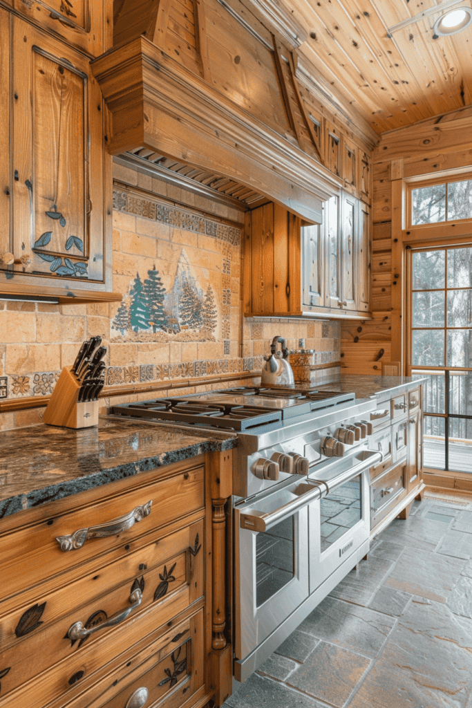 pine tree theme for kitchen in a cabin