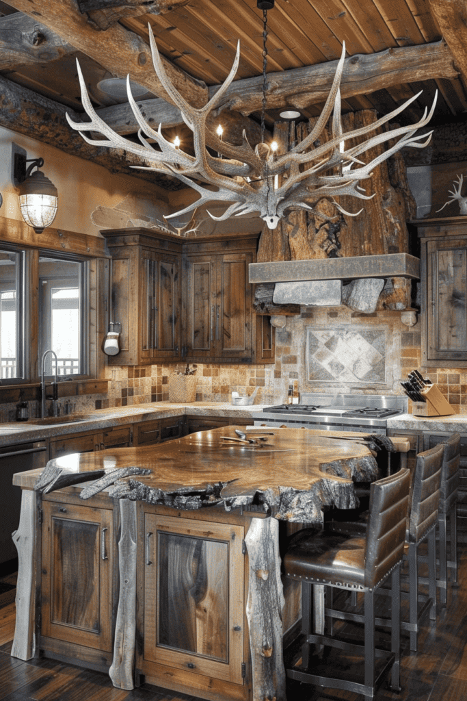 antler chandlier in a cabin kitchen 