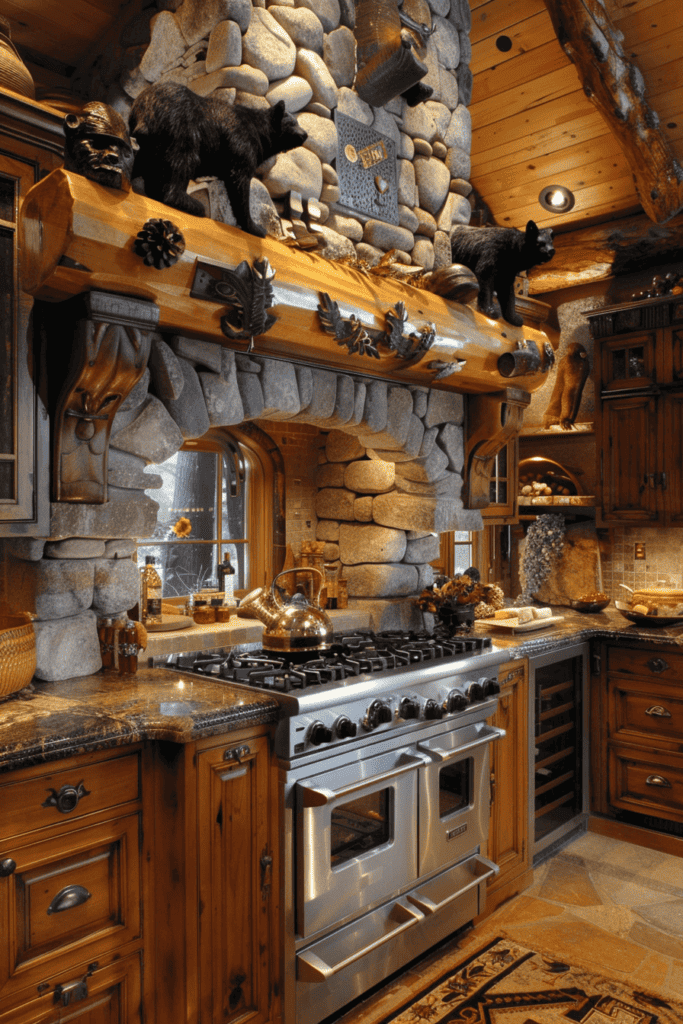 cabin kitchen hood with log and black bears