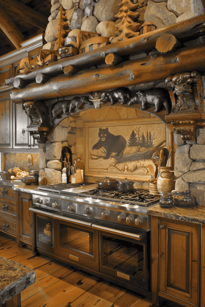 stove in a cabin kitchen with black bear backsplash