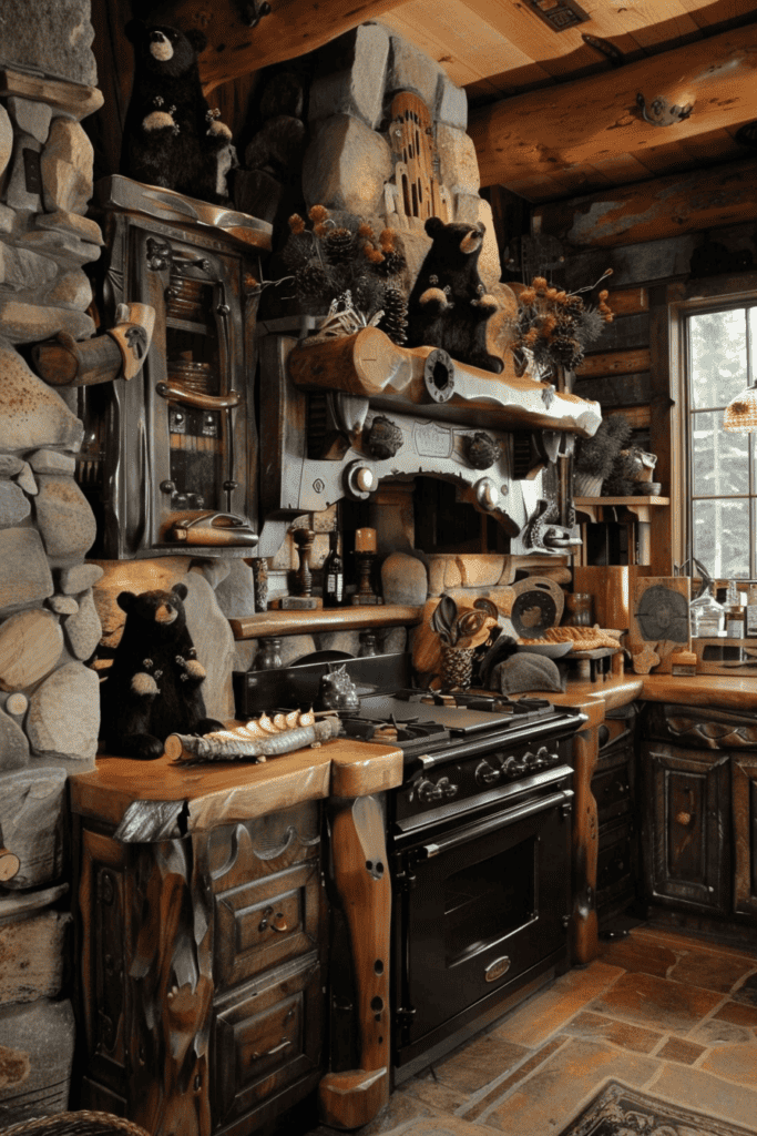 cute black bear themed cabin kitchen 