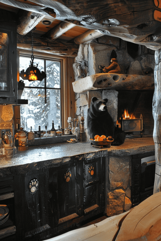 cabin with a black bear themed kitchen 