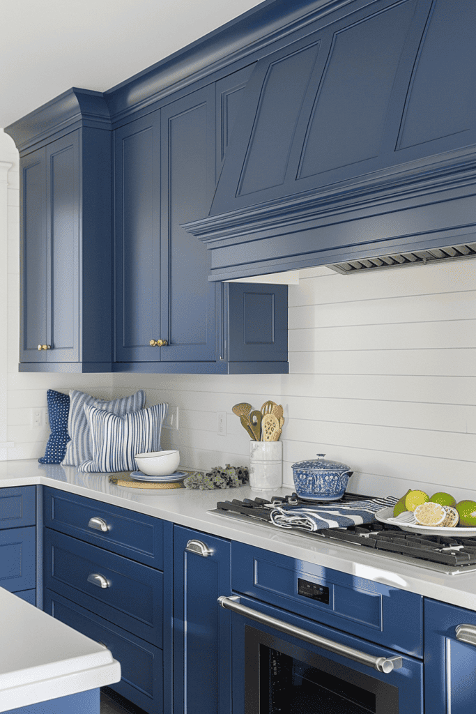 rich navy blue coastal themed kitchen