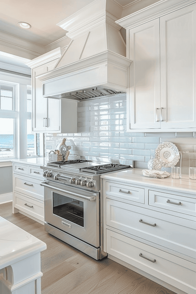 white airy kitchen in a coastal theme