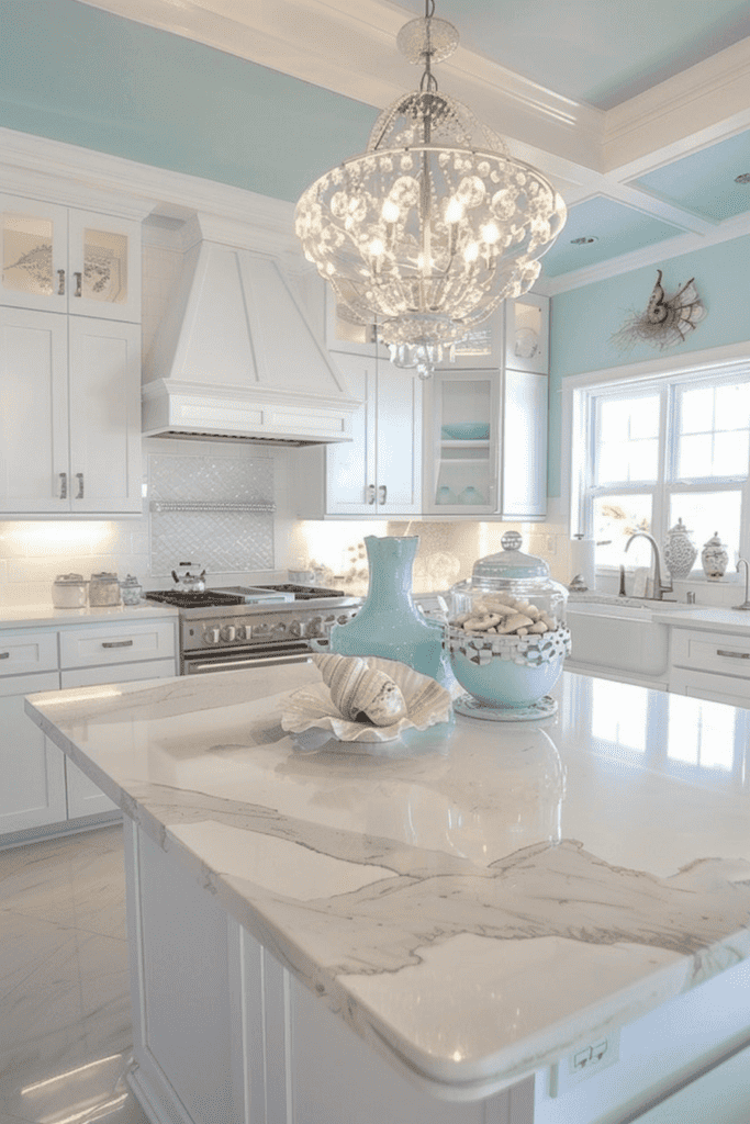 white and blue coastal kitchen