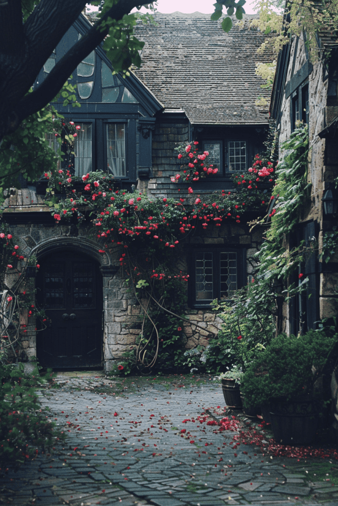 dark cottagecore house with roses