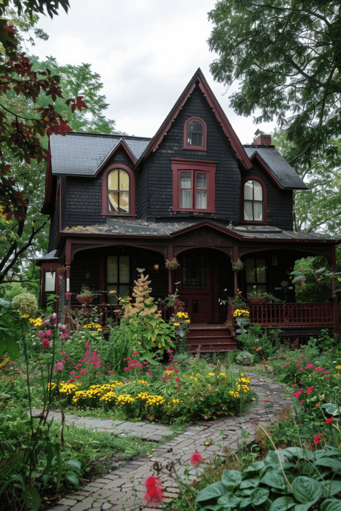 dark cottagecore house with a front garden