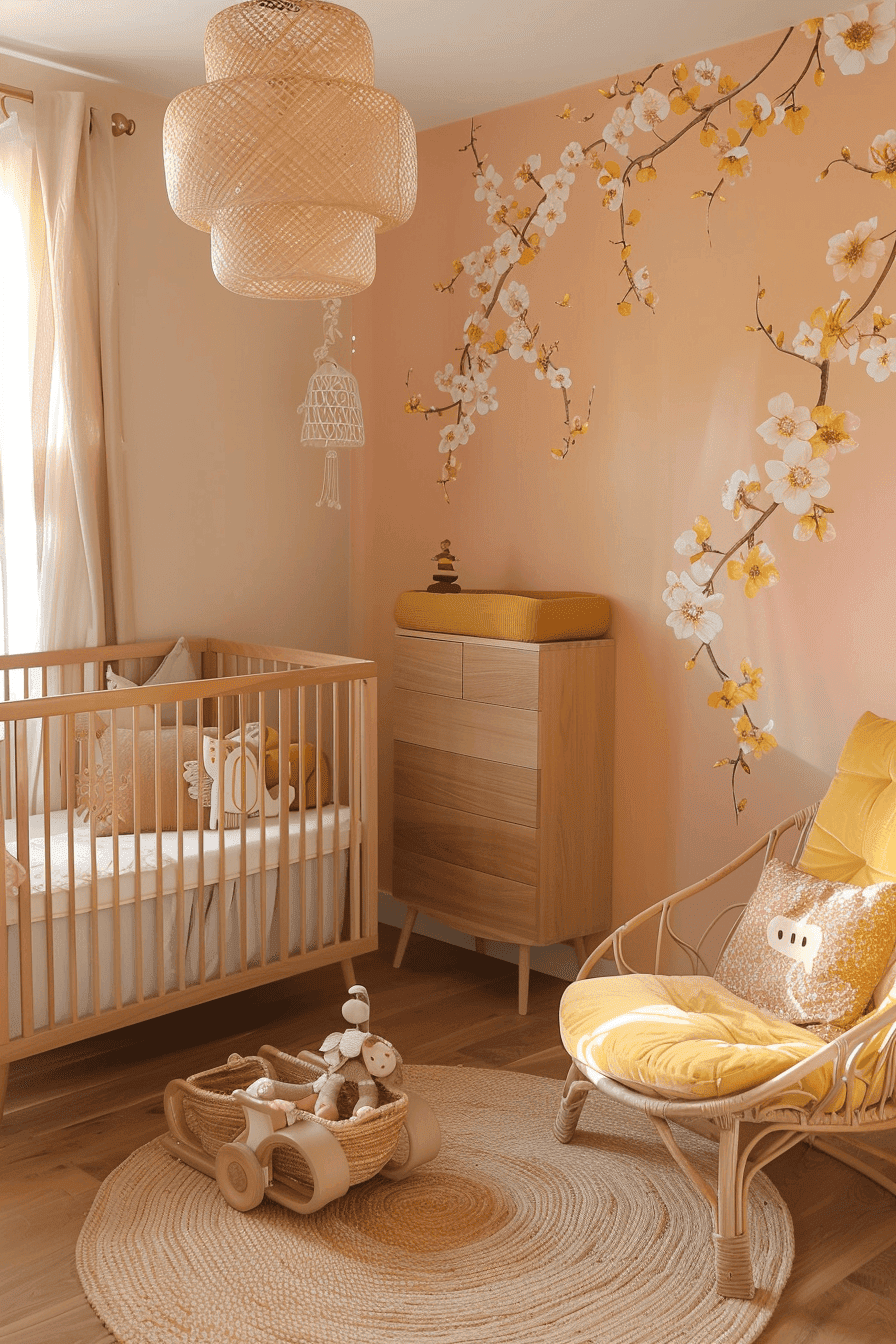 Peachy-yellow colour palette and a floral branch mural on the accent wall behind the crib, with an overhanging boho chandelier.