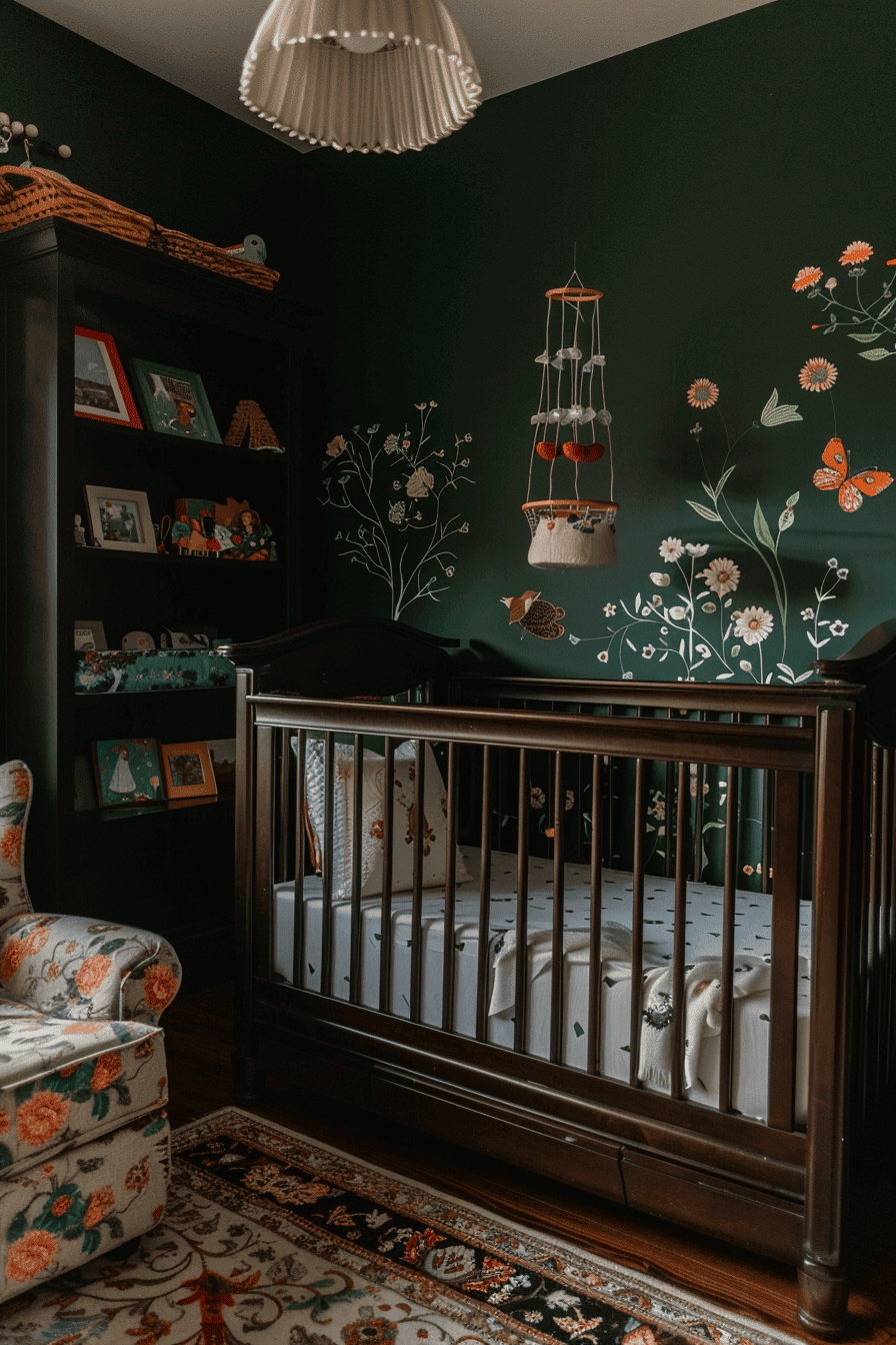 Forest green nursery with white flowers painting on the wall and colourful overhanging.