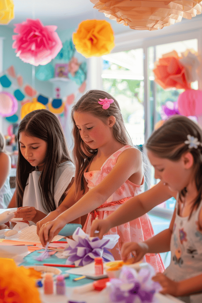 girls doing crafts at a birthday party