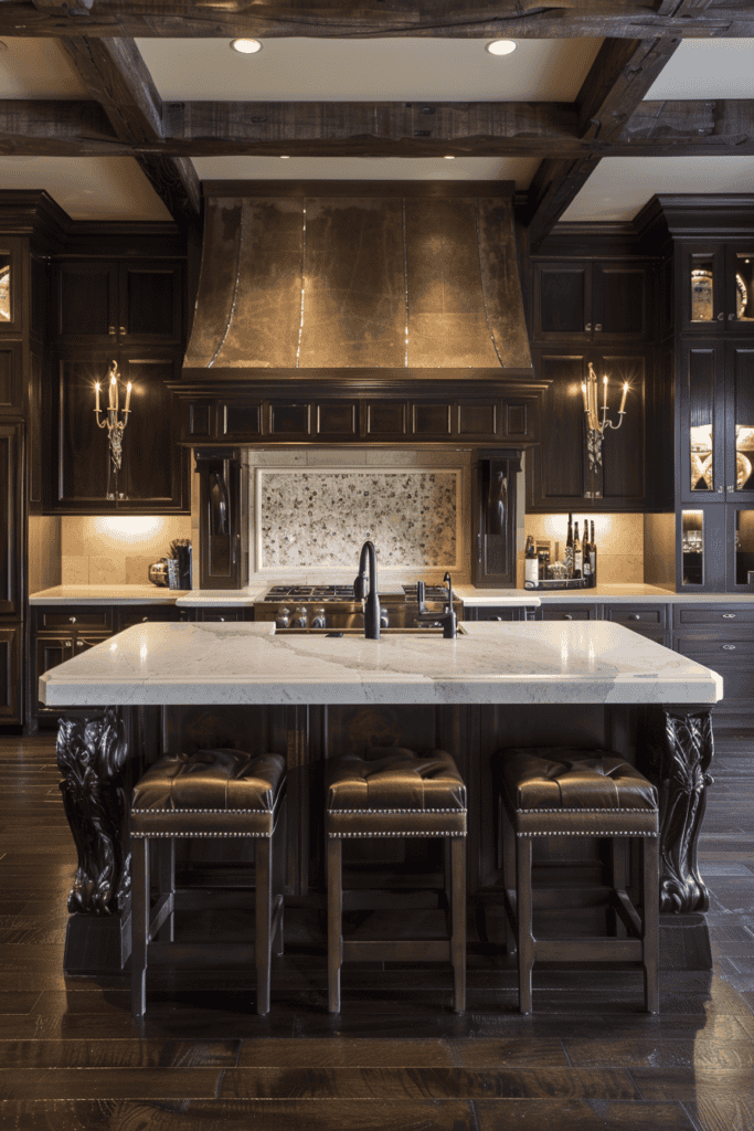 rich deep wood colored french kitchen  with large island