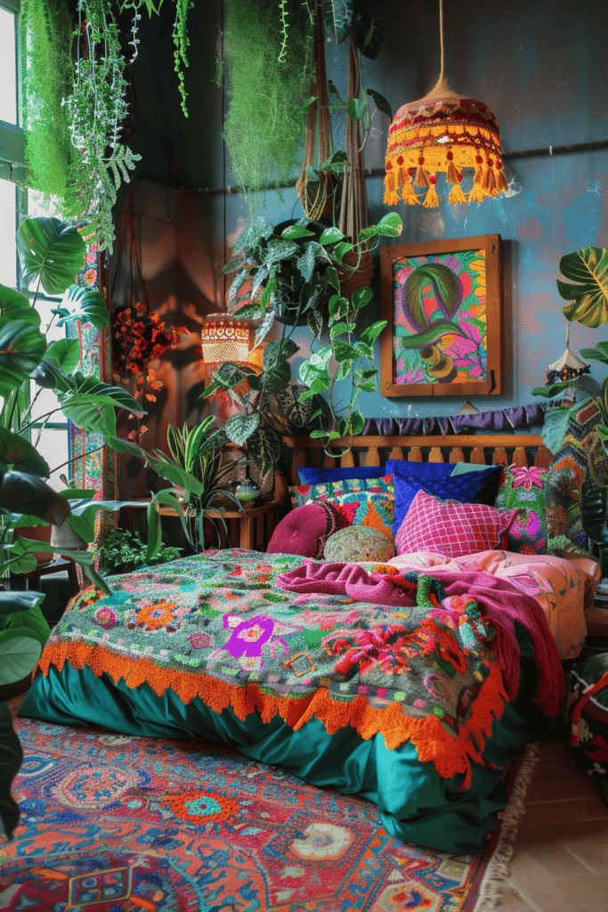 hippie inspired retro bedroom with funky colors