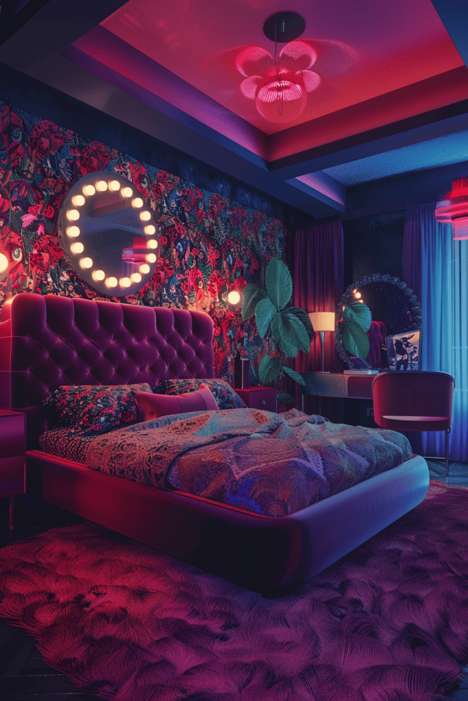 feminine  unky retro bedroom in purple and pink