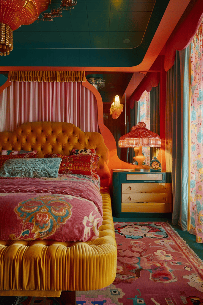 old retro glam bedroom with funky colors