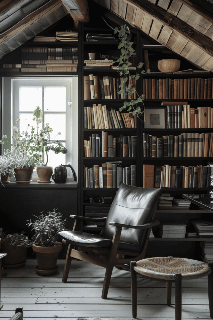 black Scandinavian styled home library 