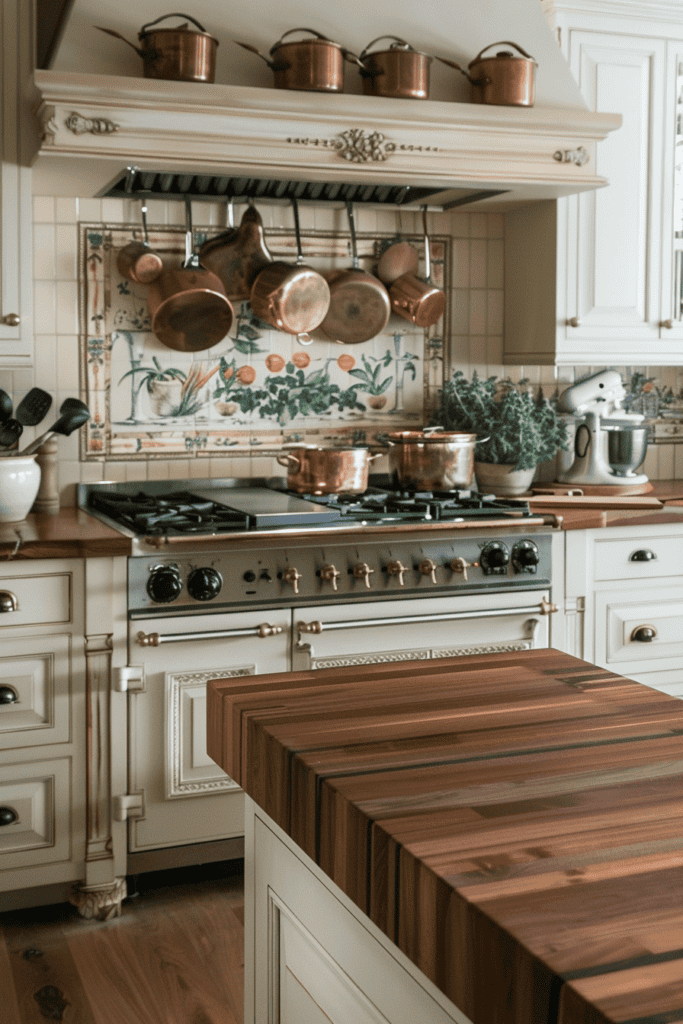 pretty french kitchen  with cream colored  cabinets 