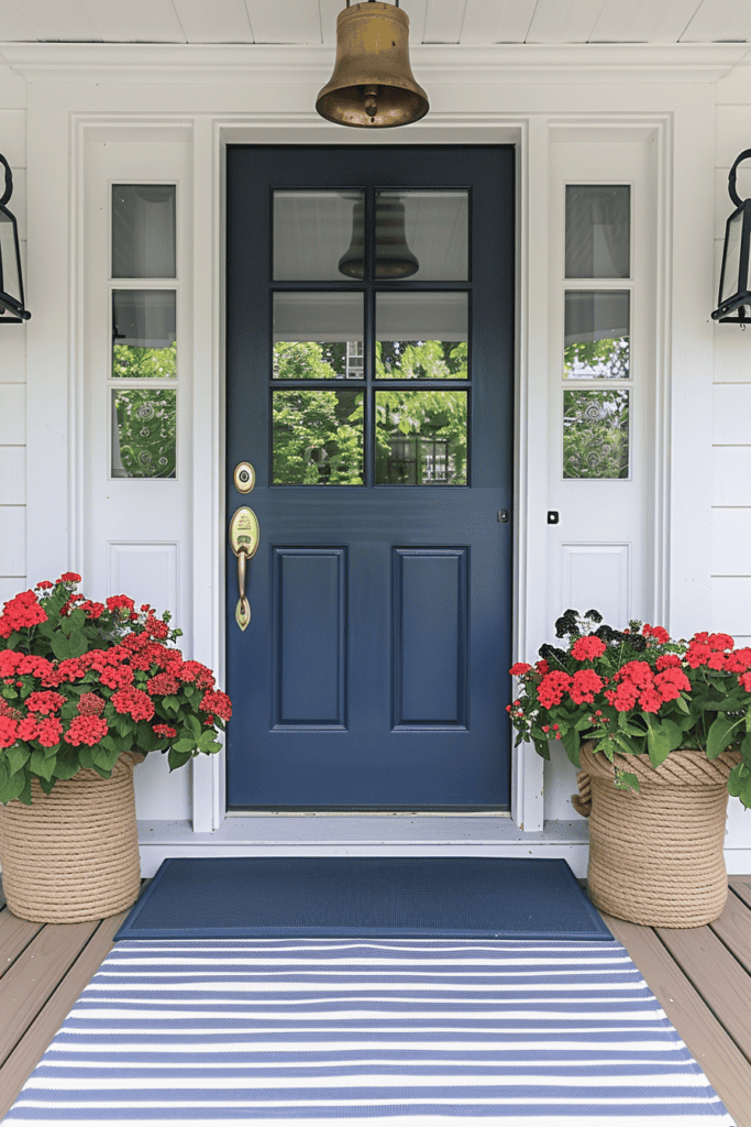 navy blue door with red flowers porch idea for summer