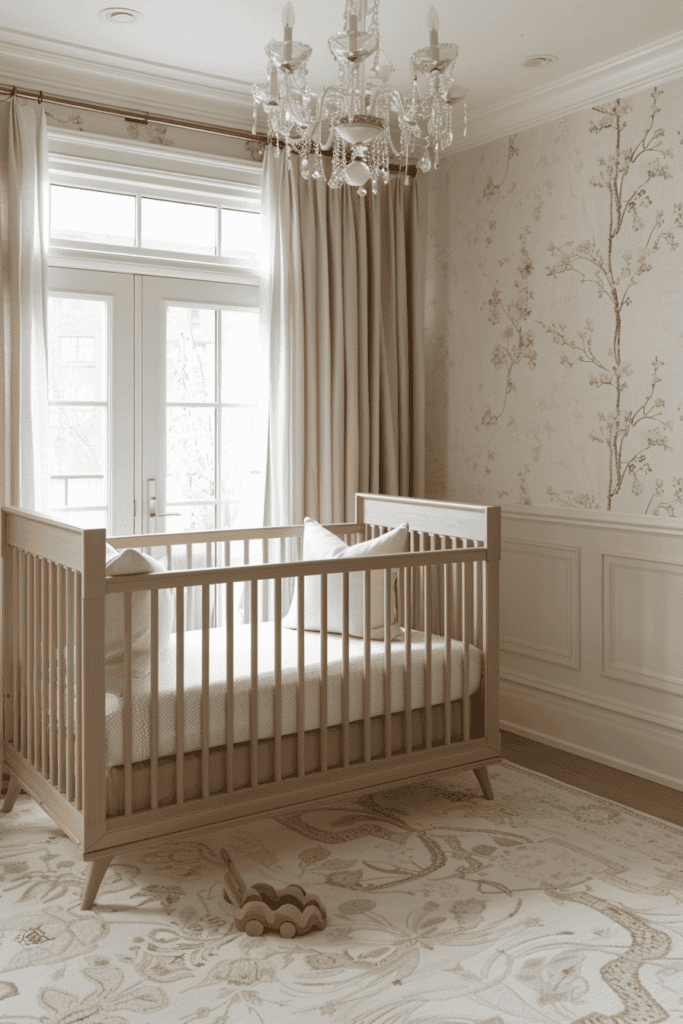 cream colored nursery with floral wallpaper