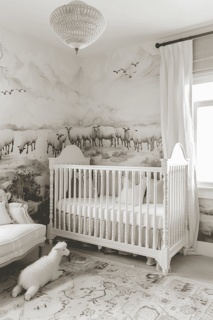 white sheep in a white timeless nursery 