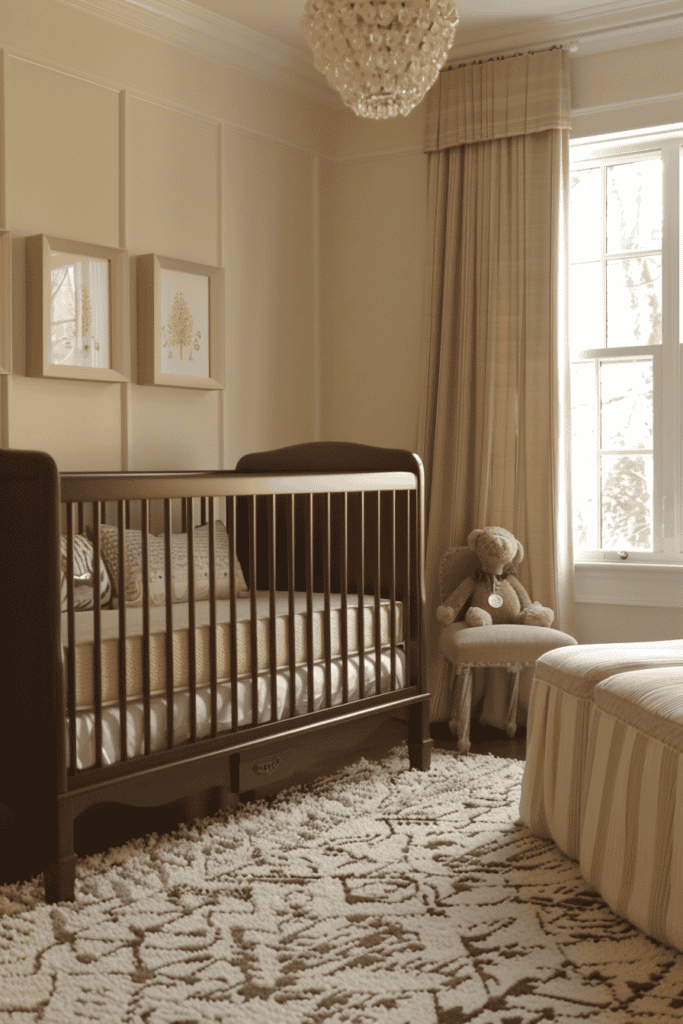 cream colored nursery with dark crib