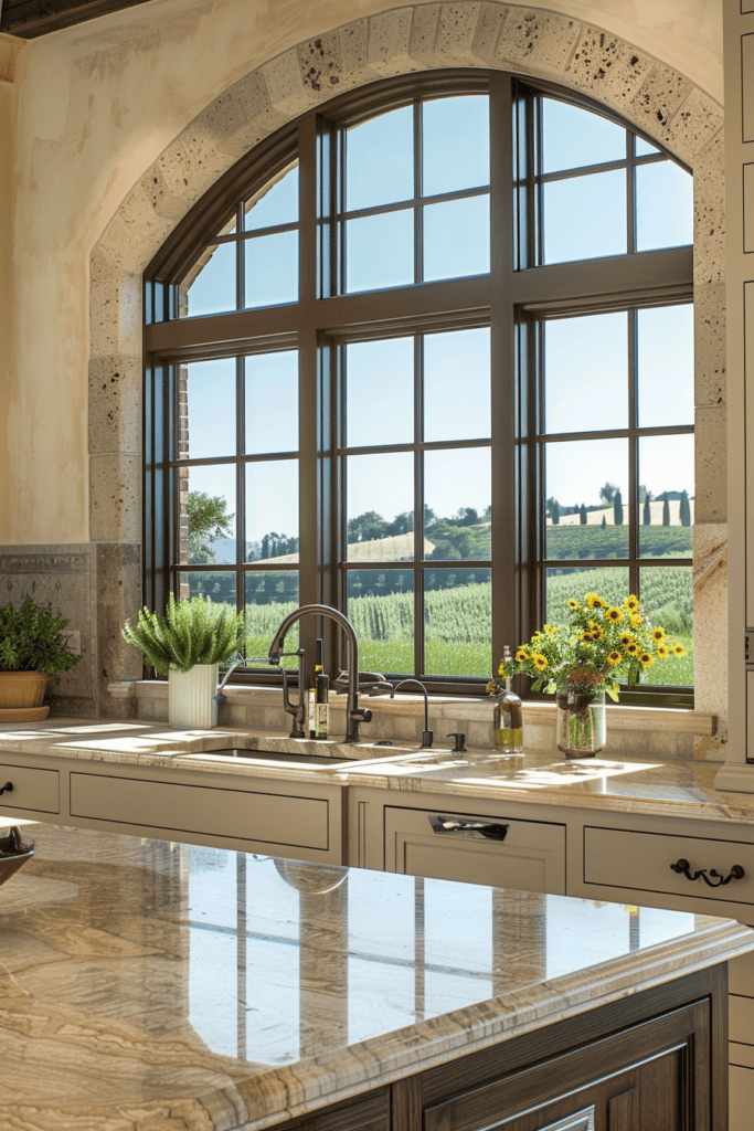 Tuscan Kitchen with window of vineyard 