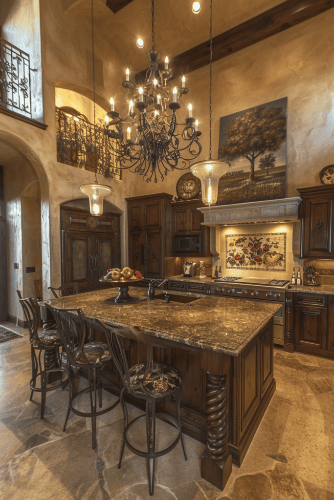 elegant Tuscan Kitchen with granite island