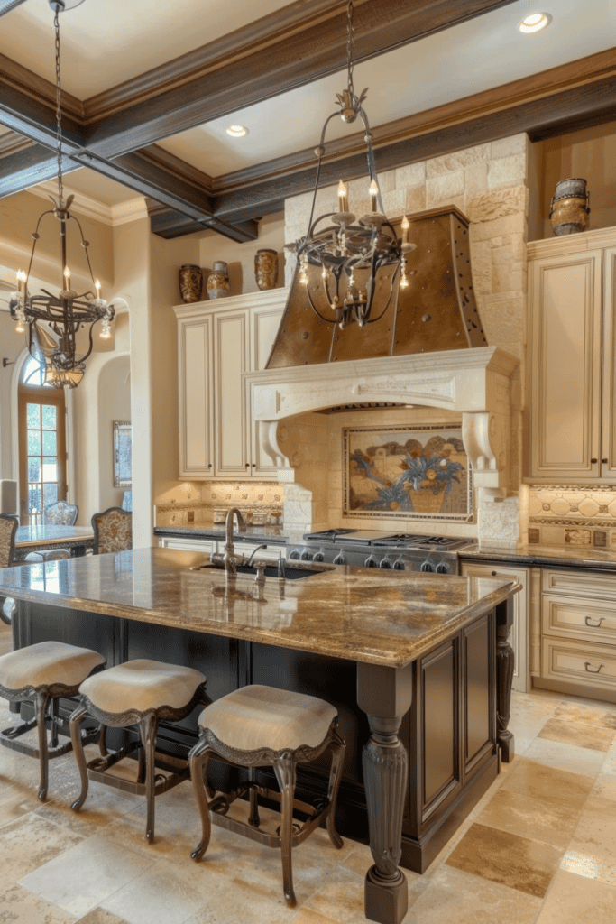 elegant Tuscan Kitchen with large hood and range