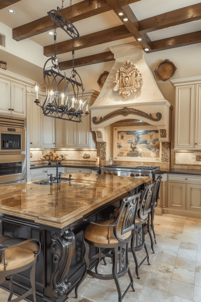 elegant tuscan kitchen with island and landscape backsplash