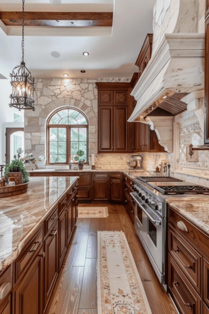 large Tuscan Kitchen with stone and granite