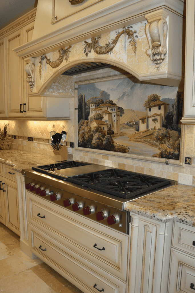 Tuscan Kitchen with a landscape backsplash