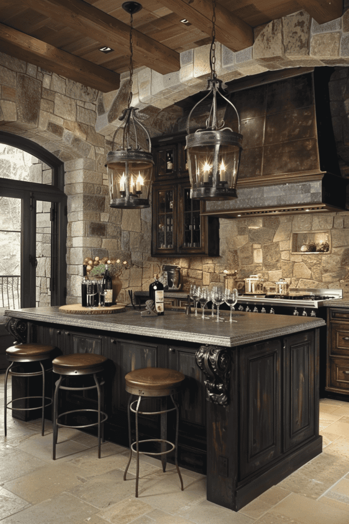 stone and wood make a rich dark Tuscan Kitchen