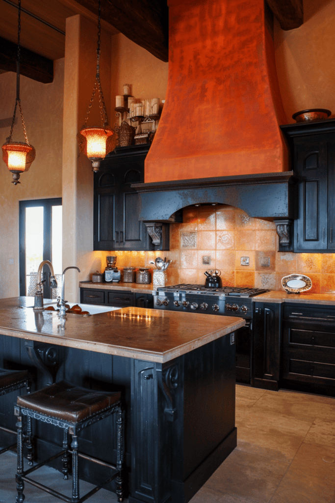 vibrant orange and red in a Tuscan Kitchen