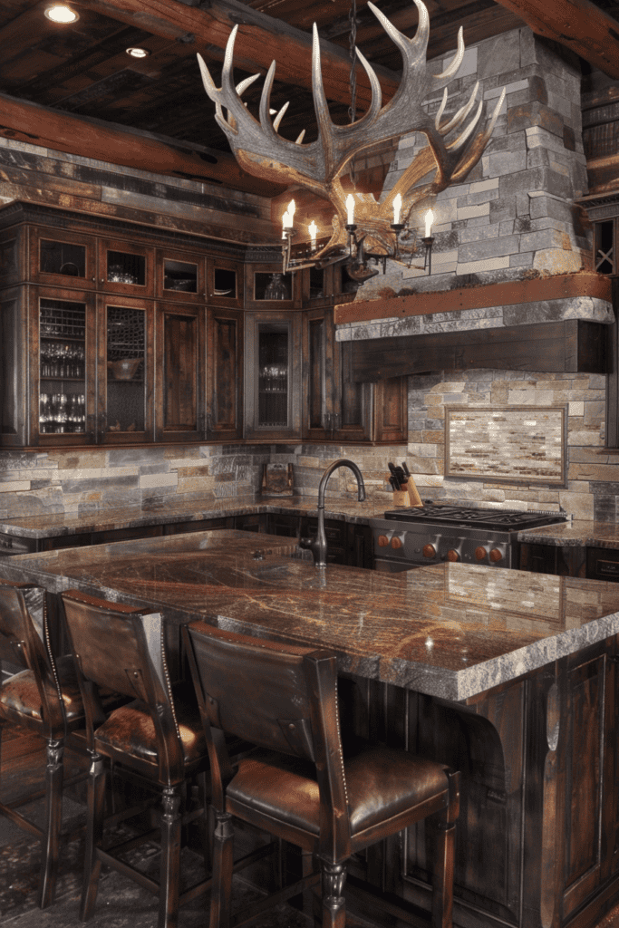 western kitchen with antler chandelier 