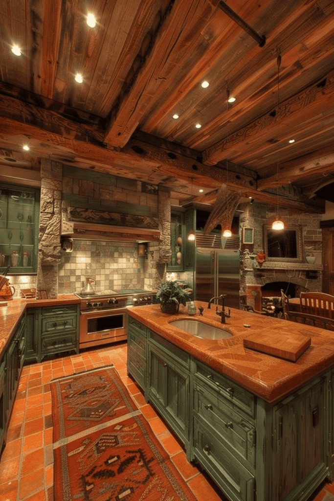 large western kitchen with colored cabinets