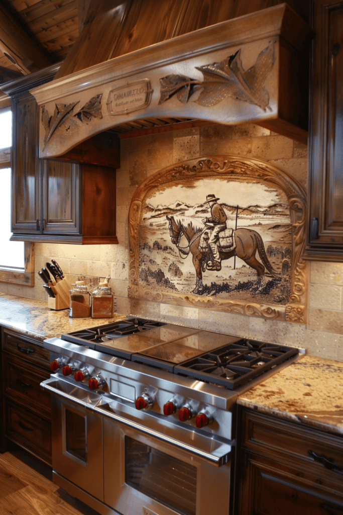 south western kitchen with cowboy backsplash