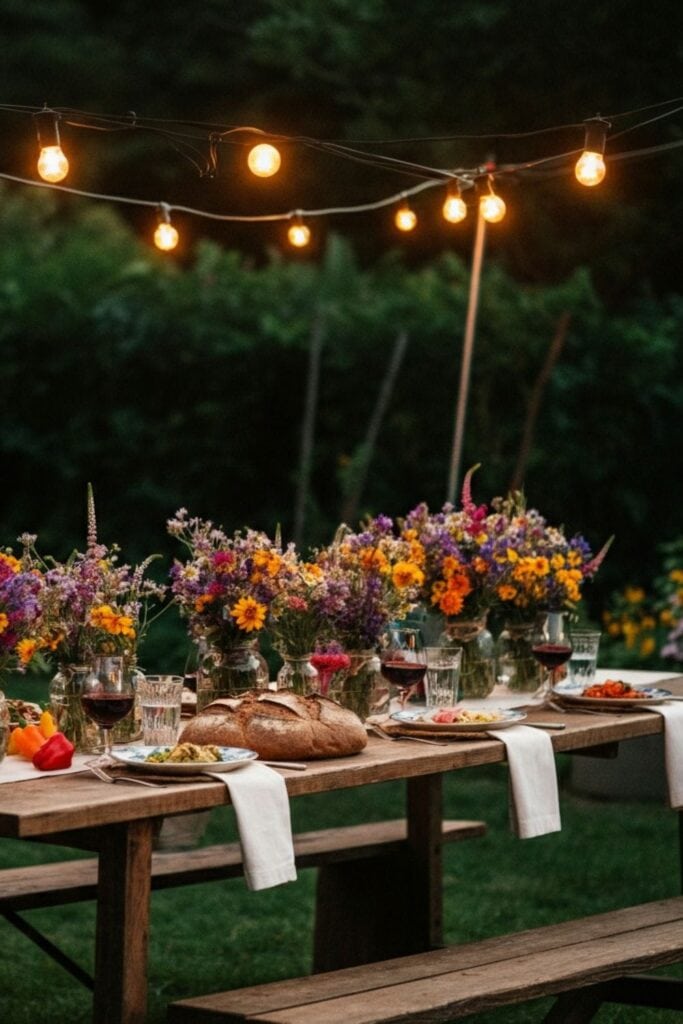 Rustic outdoor dinner setup with flower centerpieces and string lights at The Olive Branch Nest.